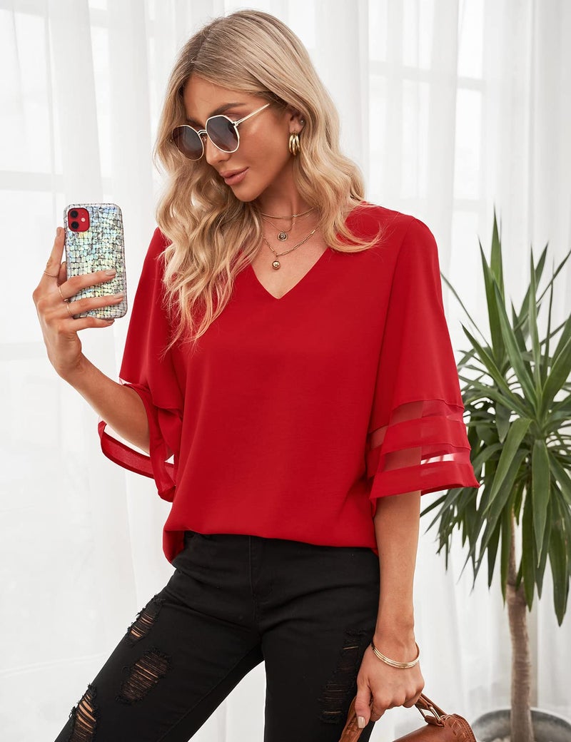 LookbookStore Red Valentine's Day Tops Trendy Bell Sleeve Blouse Dressy Casual Summer Love Women's Shirt Size M 8-10 - Image 5
